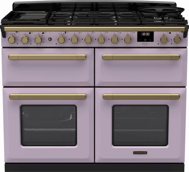 Rangemaster Estel Deluxe ESDLB110DFPHTH/AB1 110cm wide Dual Fuel Range Cooker with Gas Hob - Heather / Antique Brass - A/A Rated