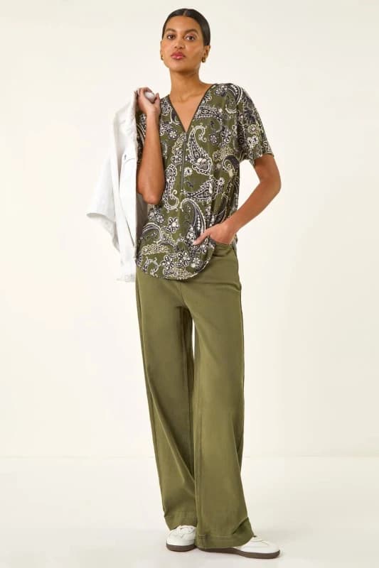 Roman Womens Paisley Print Zip Front Top in Khaki Size: 16 Khaki Female 16