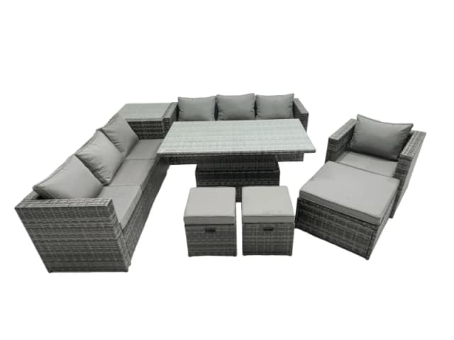 Fimous Rattan Lounge Sofa Rising Dining Table Set &Side Table 3 Footstool in Dark Grey Dark Grey Unisex