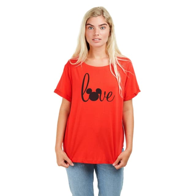 Disney Womens Love Mickey Mouse Cotton T-Shirt in Red Size: Small Red Female S