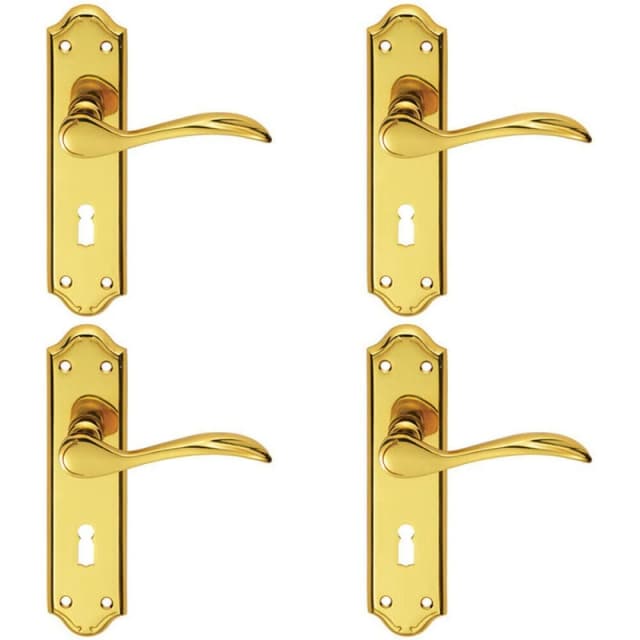 Loops 4x PAIR Curved Door Handle Lever on Lock Backplate 180 x 45mm Polished Brass Metallics