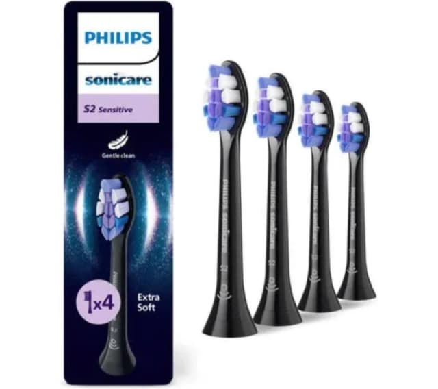 PHILIPS Sonicare S2 Sensitive HX6054/88 Replacement Toothbrush Head - Pack of 4, Black 8720689043724