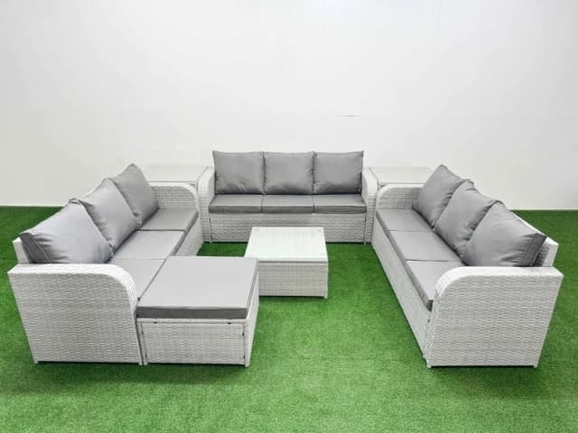 Fimous PE Rattan Lounge Sofa Set 10 Seater Outdoor Garden Furniture Set with Square Coffee Table 3 Seater Sofa Big Footstool 2 Side Table Light Grey L