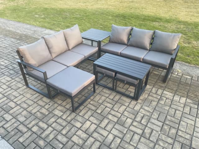 Fimous Aluminium 9 Seater Garden Furniture Outdoor Patio Sofa Set with Rectangular Coffee Table 3 Footstools Side Table Dark Grey Dark Grey Unisex