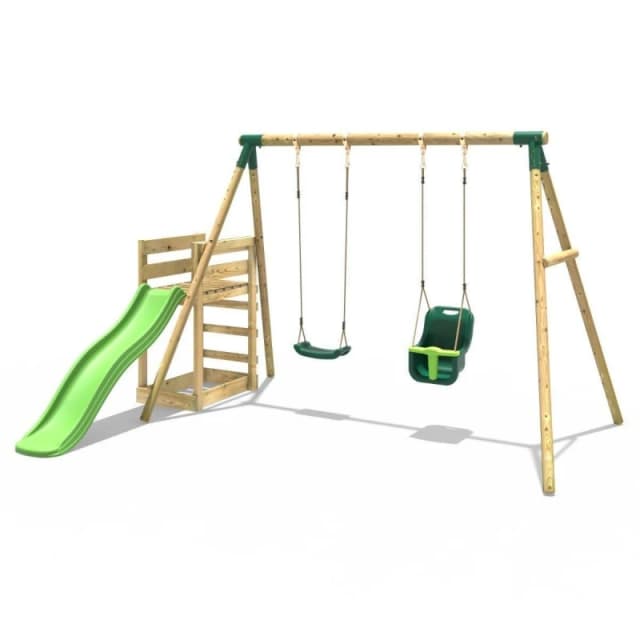 Rebo Wooden Double Swing Set with Baby Seat and Slide - Luna Green Green