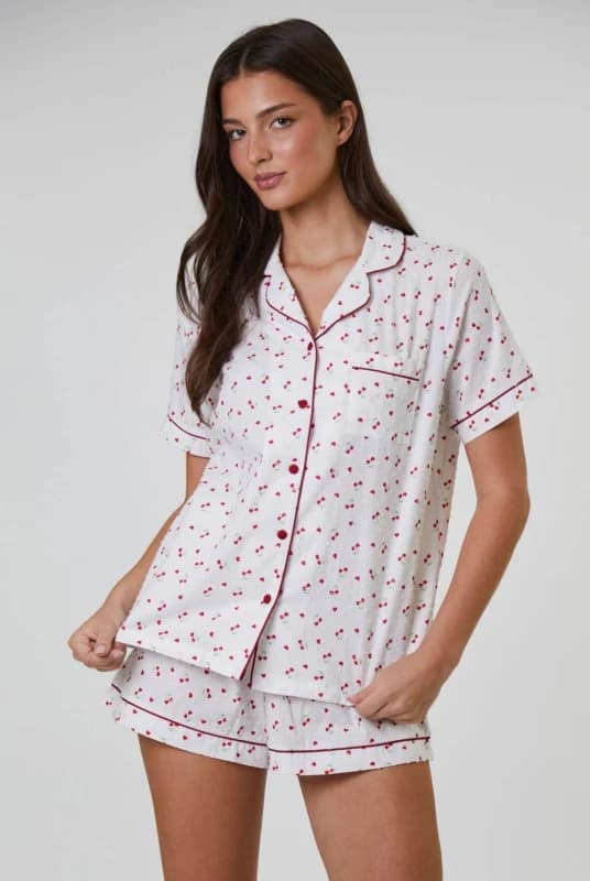 Loungeable Womens Cherry Printed Dobby Short Sleeve & Short Set in White Size: Small White Female S