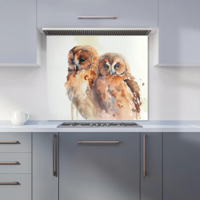 Warren Reed - Designer Loving Tawny Owls Watercolour Kitchen Splashback in Brown Size: 600mm x 750mm Brown Unisex 600mm x 750mm