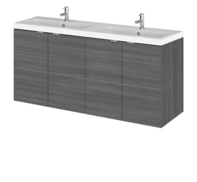 Hudson Reed Fusion Wall Hung 4 Door Vanity Unit & Twin Ceramic Basin, Sink Vanity Unit, Anthracite Woodgrain, 1200mm