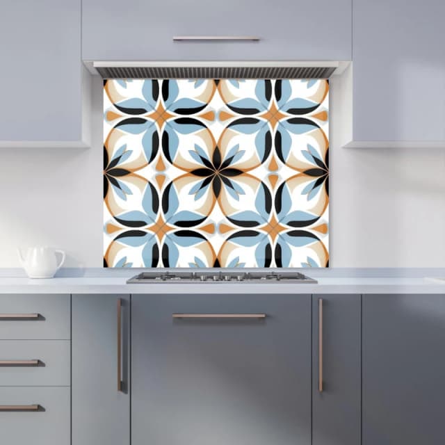 Warren Reed - Designer White Brown & Blue Geometric Pattern Kitchen Splashback Size: 600mm x 750mm Blue Unisex 600mm x 750mm