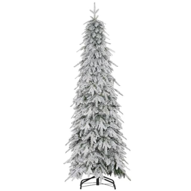 HOMCOM HOMCOM Flocked Pencil Artificial Christmas Tree with Auto Open, Steel Base in Green Size: 7ft Green 7ft Unisex 5056725570194