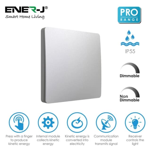 ENER-J 1 Gang Wireless Kinetic Switch with 100W RF & WiFi Dimmable in Silver Silver Unisex