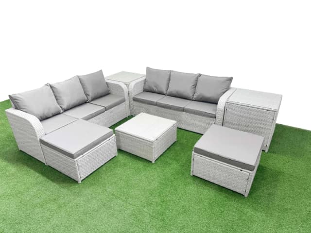 Fimous Outdoor Garden Furniture Sets 8 Seater Wicker Rattan Furniture Sofa Sets with Square Coffee Table high Back Lounge Sofa 2 Big Footstool 2 Side