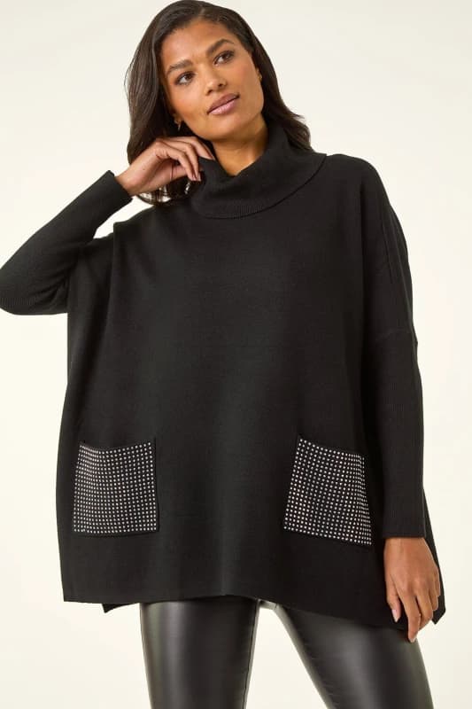 Roman Womens Sparkle Pocket Poncho Jumper in Black Size: Large/XL Black Female L/XL