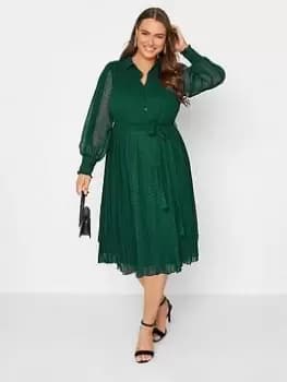 Yours Dobby Pleat Shirt Midi Dress - Forest Green, Size 16, Women