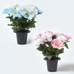 Set of 2 Blue & Pink Daisy Artificial Flowers in Grave Vases - Pink, White, Blue - Homescapes