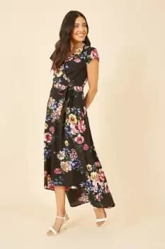 Black Floral Wrap Over Dipped Hem Midi Dress