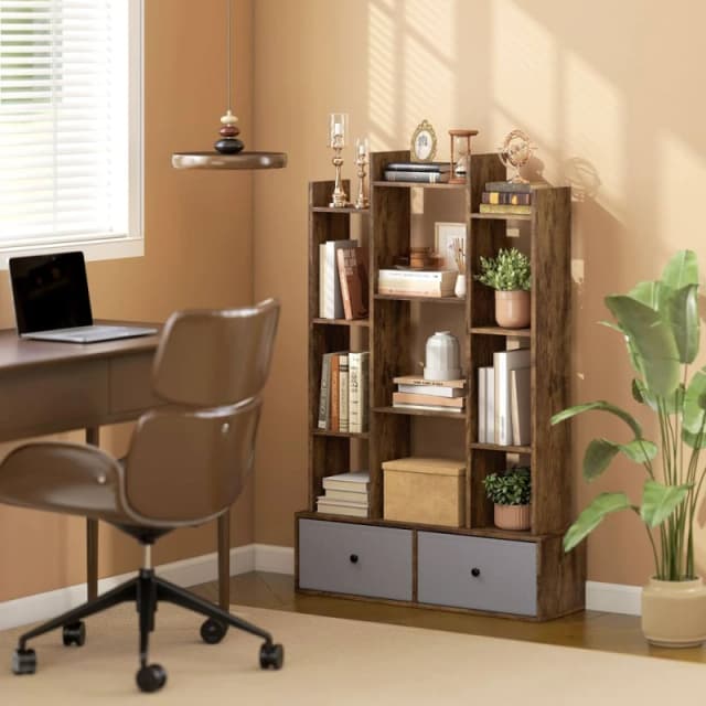 HOMCOM 12-Tier Bookshelf, Bookcase w/ 2 Folding Drawer, Rustic Brown Size: 120cm x 80cm Brown Unisex 120cm x 80 cm