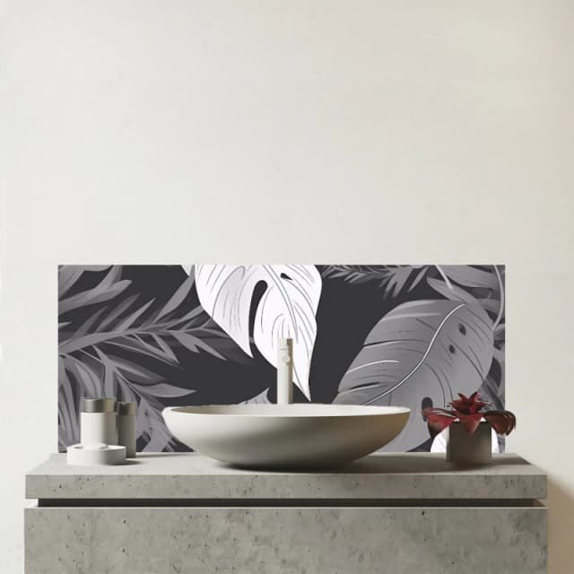 Warren Reed - Designer Black White Tropical Leaves Glass Bathroom Splashback in Grey Grey Unisex