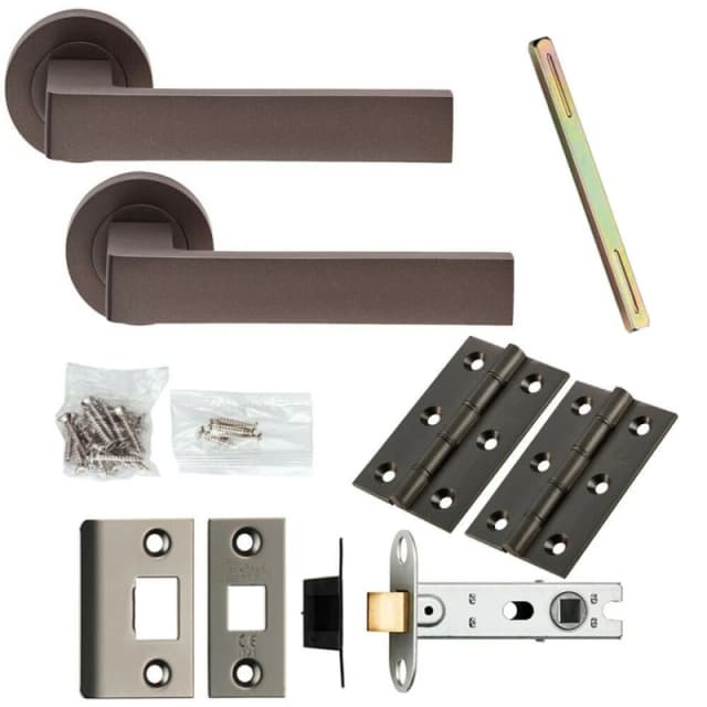 Loops Door Handle & Latch Pack Matt Bronze Flat Square Lever Screwless Round Rose Multi