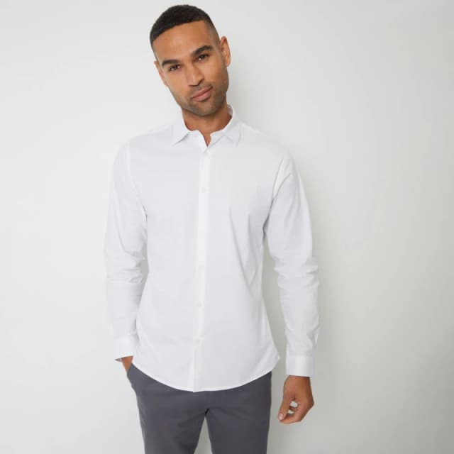 Threadbare 'Wymott' Cotton Long Sleeve Shirt With Stretch White