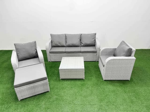 Fimous PE Rattan Garden Furniture Set Reclining Chair Sofa Lounge Sofa Set Square Coffee Table Big Footstool Light Grey Light Grey