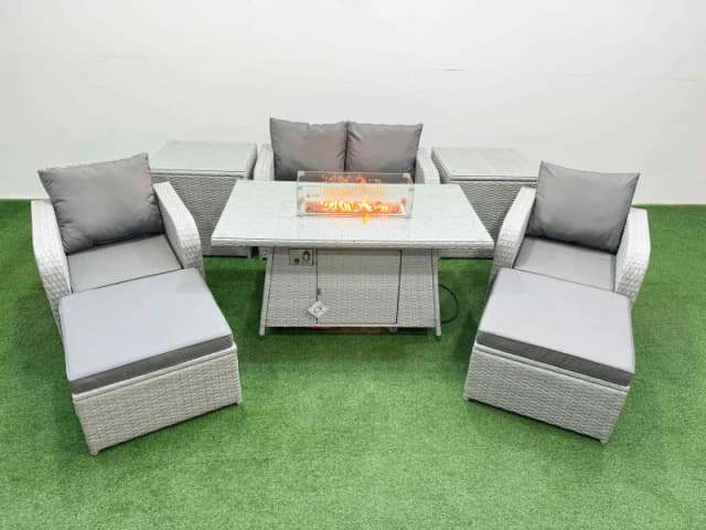 Fimous Light Grey PE Wicker Rattan Garden Furniture Set Sofa Set Reclining Chair Firepit Dining Table 6 Seater 2 Big Stools 2 Side Table Light Grey