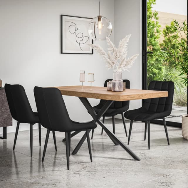 More4Homes Donni Dining Table And Chairs - Oak Effect Table Top W Black Legs + Nova Faux Leather Dining Chair Set Of 6 (Black)