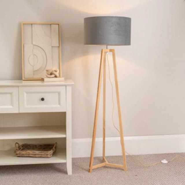 ValueLights Lottie Natural Wood Tripod Floor Lamp with Velvet Drum Shade Grey