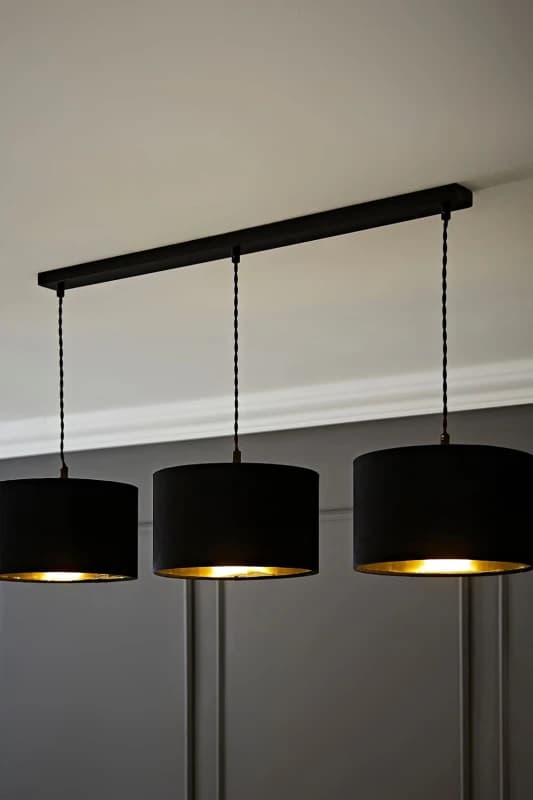 ValueLights ValueLights Reni Black Velvet & Gold Shade 3 Drop Bar Black Diner Ceiling Light Black One Size Unisex 5059406062988