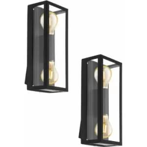 Loops - 2 pack IP44 Outdoor Wall Light Black / Square Glass shade 60W E27 Porch Lamp