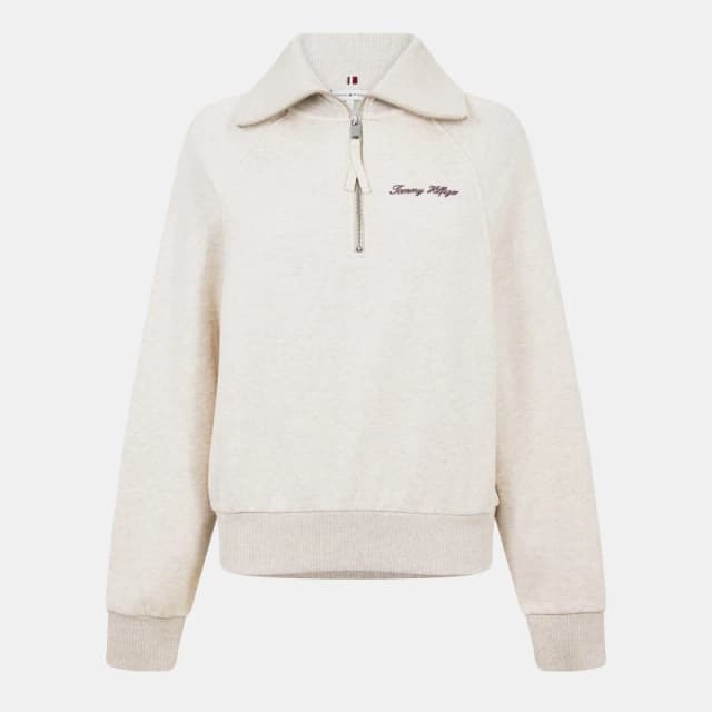 Tommy Hilfiger Womens Script Quarter Zip Fleece Heather Oatmilk female 10 (S)