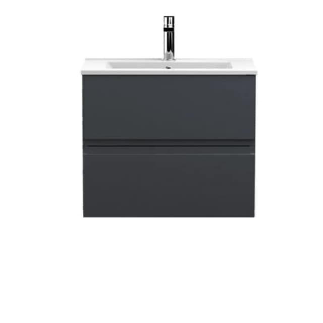 Nuie Hudson Reed Urban Wall Hung 2 Drawer Vanity Unit With Minimalist Ceramic Basin, Modern Bathroom Furniture In Soft Black, 600mm