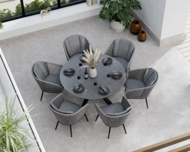 Royalcraft Aspen 150Cm Round Ceramic Grey Top With 6 Rope Chairs
