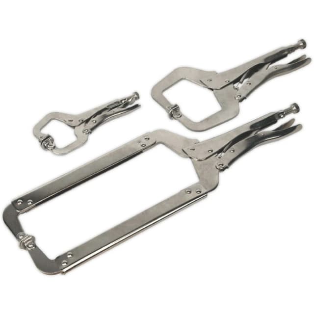 Loops 3 Piece Locking C-Clamp Pliers - 170 275 and 450mm Clamps - Nickel Plated Steel Metallics