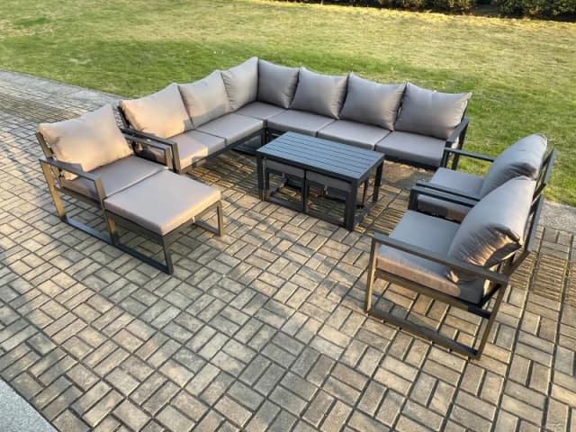 Fimous Aluminum 12 Seater Outdoor Lounge Corner Sofa Set Garden Furniture Sets with Oblong Coffee Table 3 Chairs 3 Footstools Dark Grey Dark Grey Unis
