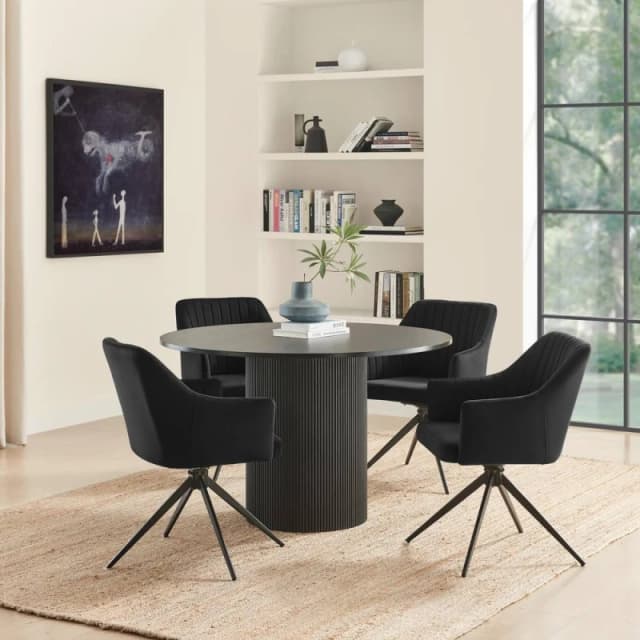 FurnitureboxUK FurnitureboxUK Penrose Black Round Dining Table & 4 Calla Velvet Swivel Chairs Black One Size Unisex 5056784315880