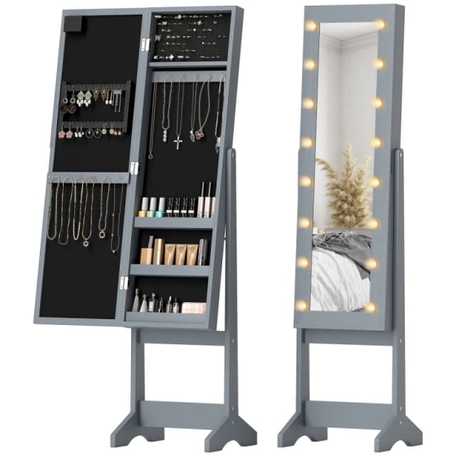 HOMCOM HOMCOM Free Standing LED Mirrored Jewelry Cabinet Armoire Floor Organiser in Grey Grey One Size Unisex 5063603047976