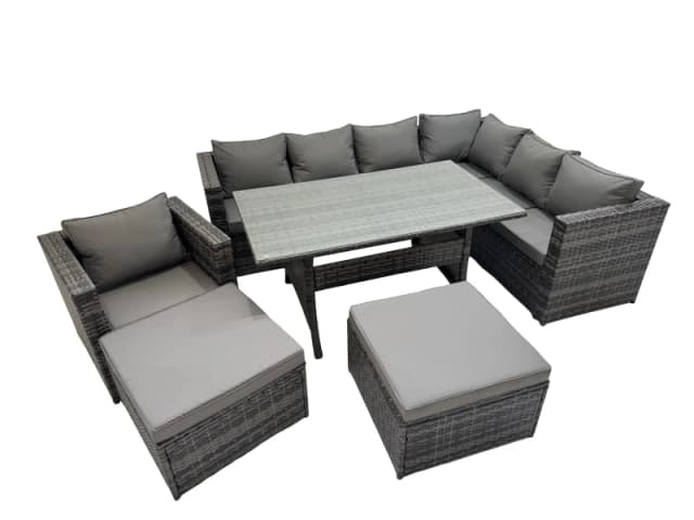 Fimous 9 Seater Patio Dining Corner Sofa Sets with Chair 2 Big Stools in Dark Grey Dark Grey Unisex