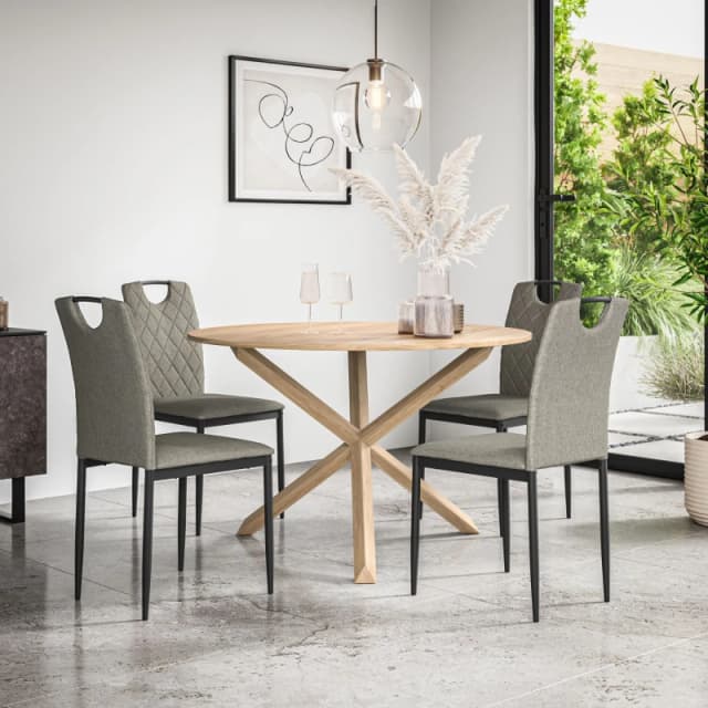 More4Homes Malvern Round Dining Table And Chairs - Oak Table Top W Solid Oak Legs + Monza Fabric Dining Chair Set Of 4 (Grey)
