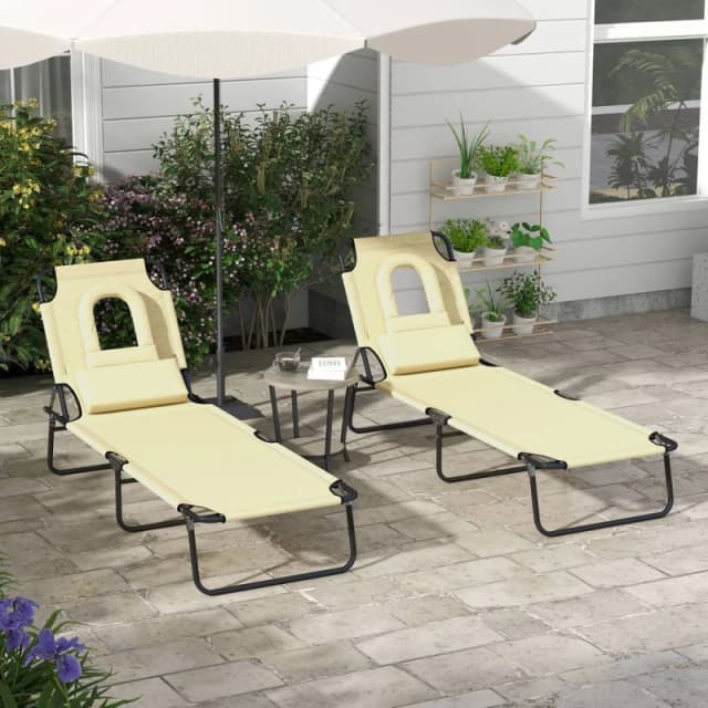 Outsunny Folding Sun Lounger Set of 2 Reclining Chair with Reading Hole Beige - Outsunny 5056725390389