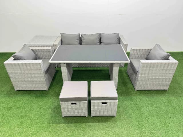 Fimous Patio Garden Furniture Sets with Dining Table Side Table 2 Small Stool in Light Grey Light Grey Unisex