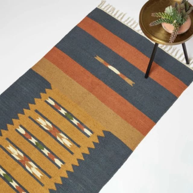 Homescapes Lundi Orange & Blue Kilim Runner Cotton & Jute Rug 66 X 200 Cm