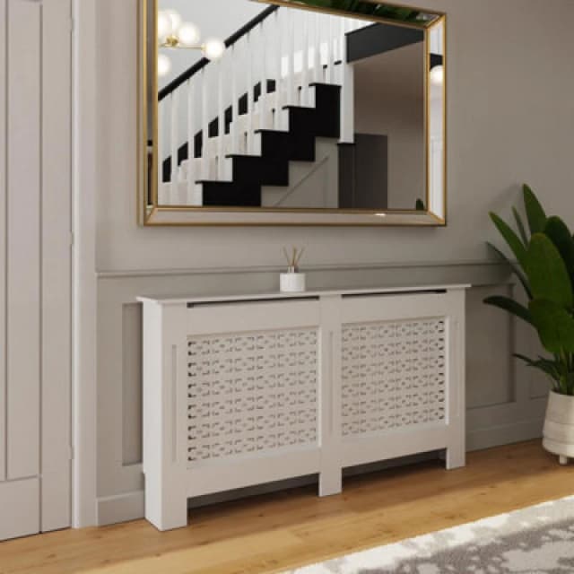 Fwstyle Geometric Pattern Large Grey Radiator Cover (H) 82.3 (W) 152Cm (D) 19Cm