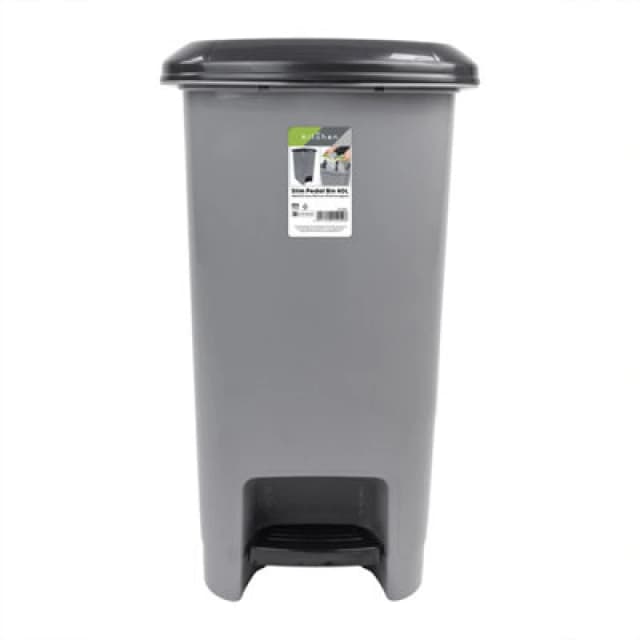 JVL Slim Plastic Lidded Foot Pedal Waste Bin, 40L, Grey 15-252