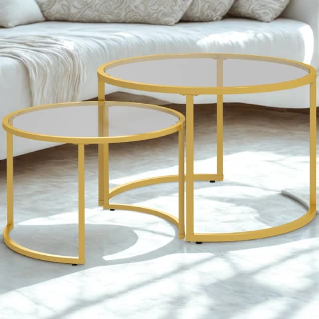 FURNOS Set Of 2 Round Gold Nesting Tables With Tempered Glass Top Gold Unisex