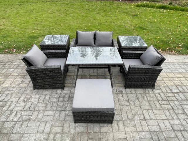 Fimous 5 Seater Outdoor Garden Furniture High Back Rattan Sofa Dining Table Set with 2 SideTables Big Footstool in Dark Grey Dark Grey Unisex