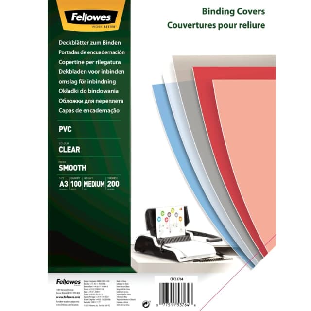 Fellowes Fellowes Recycled A3 PVC Binding Covers Clear 200 Micron (Pack of 100) 53764 53764