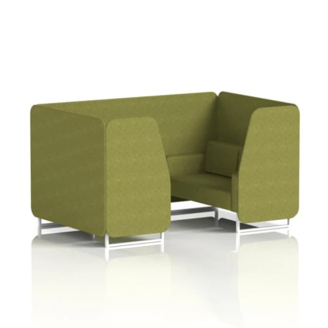 Brixworth 4 Seater Office Booth with Front Panel - White Legs in Rivet Fabric - Olive Panels and Sofa