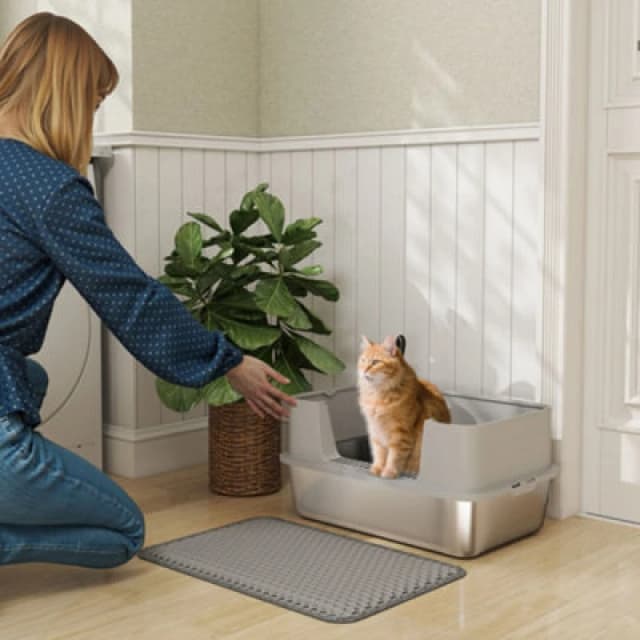 PawHut Stainless Steel Litter Box with Scoop, High Sided Cat Litter Tray, Grey D31-145V02GY