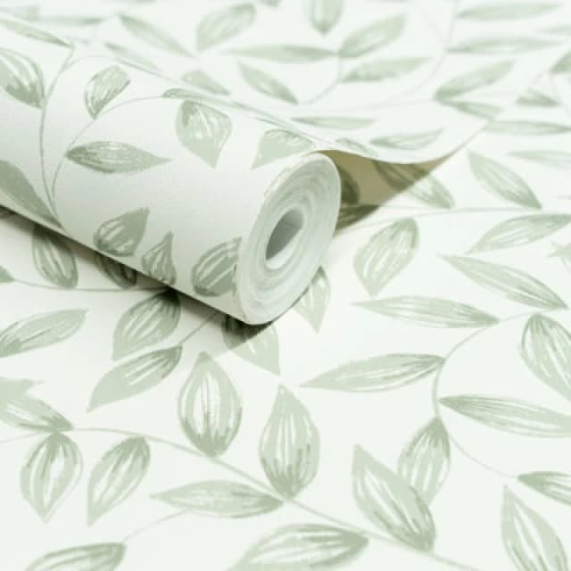 Grandeco Jessy Handpainted Leaf Trail Textured Wallpaper, Sage Green